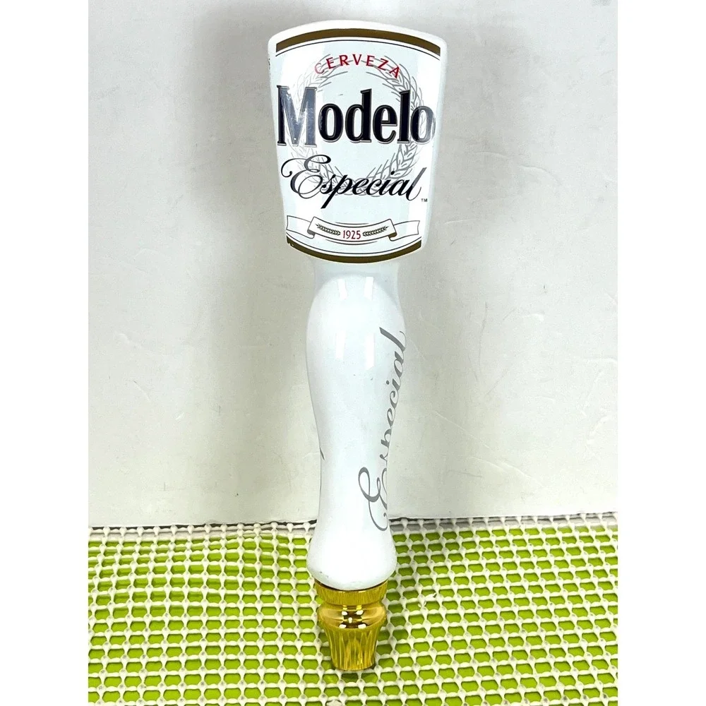 Modelo Especial Beer Tap Handle White Ceramic Gold Accents Bar Decor